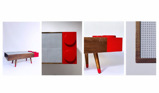 Kids Gaming Table (play) LEGO-compatible Coffee Table Console - BRICK BUILDING mid-century inspired walnut furniture.