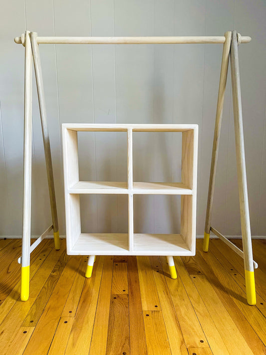 Kids' Wood and White Washed Japanese-Inspired Clothes Rack and Cubby Shelf Set