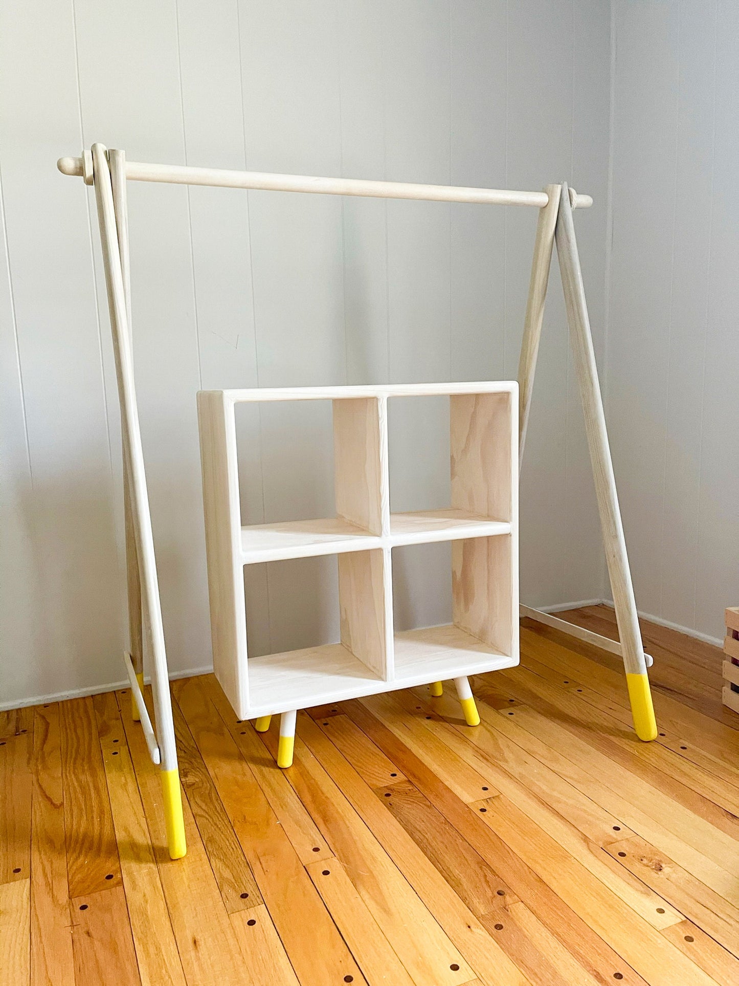 Kids' Wood and White Washed Japanese-Inspired Clothes Rack and Cubby Shelf Set