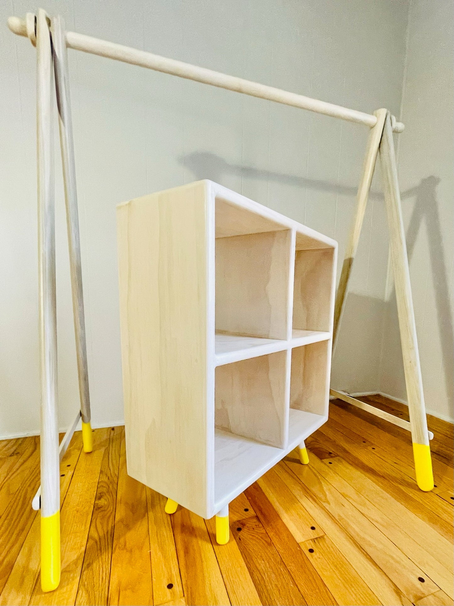 Kids' Wood and White Washed Japanese-Inspired Clothes Rack and Cubby Shelf Set