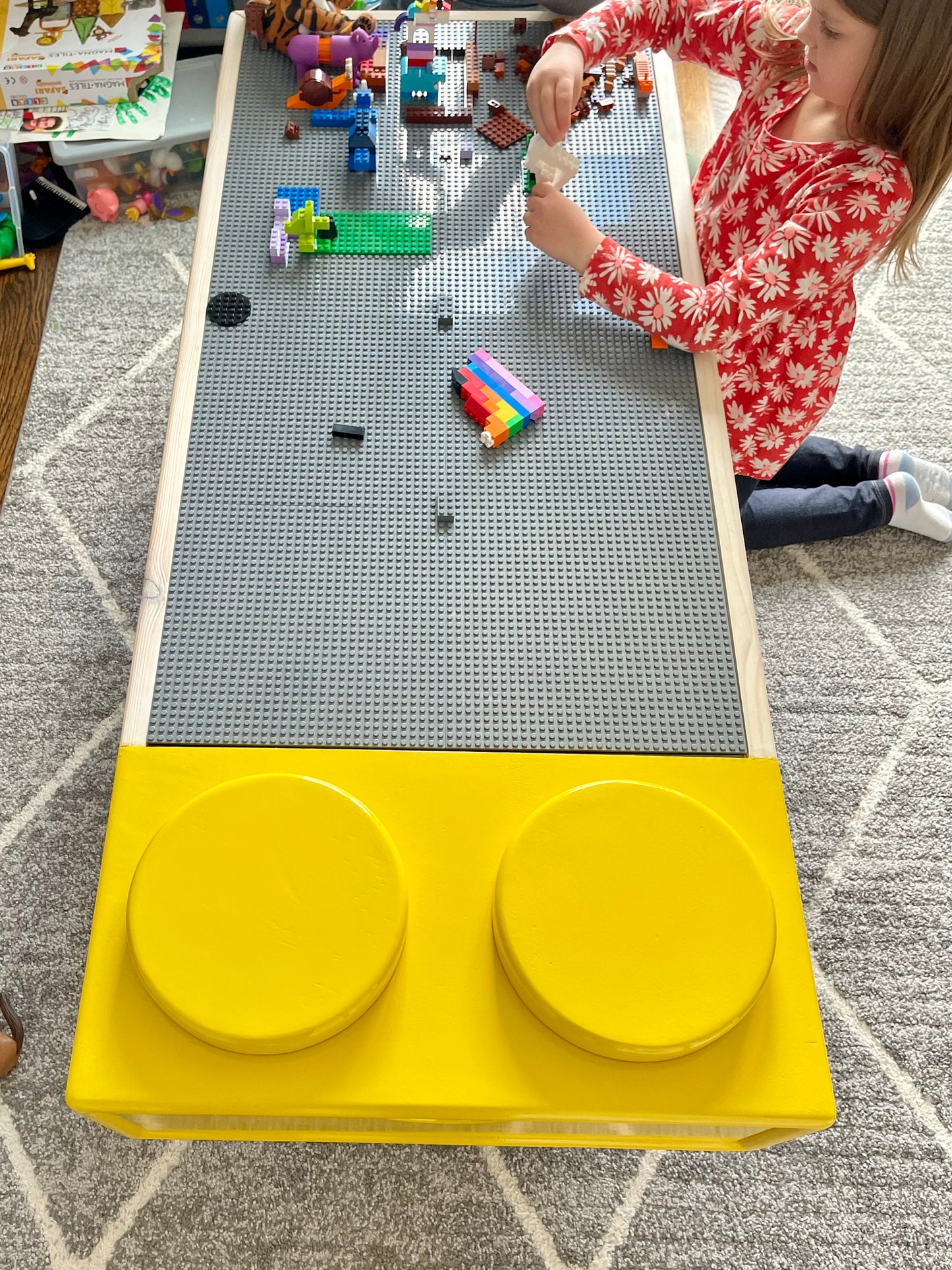 Kids Gaming Table (play) LEGO-compatible Coffee Table Console - BRICK BUILDING mid-century inspired walnut furniture.